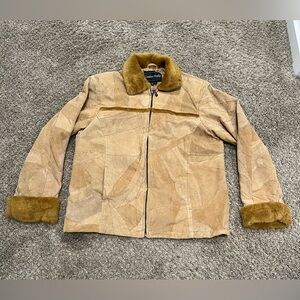 Leather Works vintage genuine leather patchwork jacket, faux fur collar, cuffs L